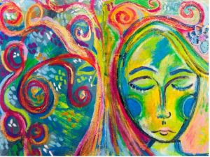 Abstract painting with a serene face beside swirling, colorful nature‑like shapes.