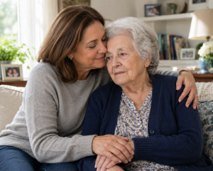 A middle-aged woman gently embraces an elderly woman on a couch, showing warmth and care in a cozy, well-lit living room.